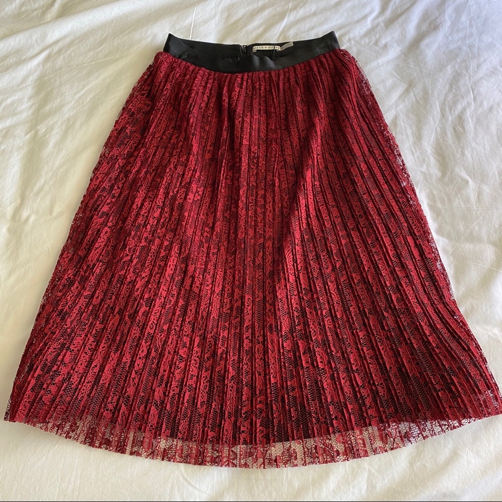 Alice and Olivia red lace midi skirt